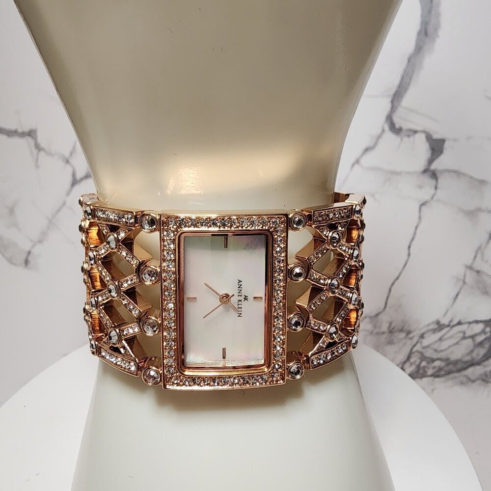Vintage Anne Klein Wide Rose Gold Tone and Crystal Watch
